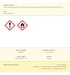 Limpiador para objetos y superficies 100% alcohol isopropilico en spray 400ml pinty plus