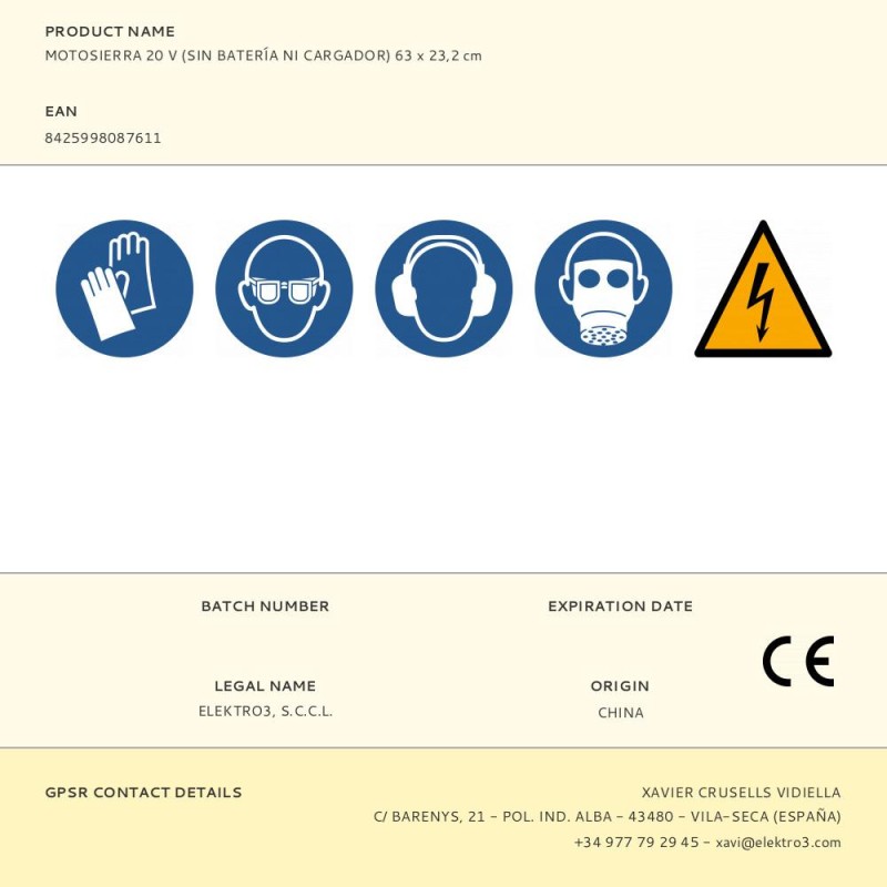 Motosierra 20 v (sin batería ni cargador) 63 x 23,2 cm