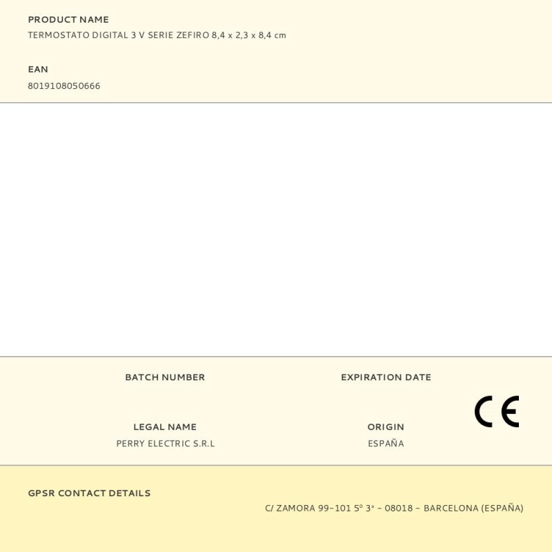 Termostato digital 3 v serie zefiro 8,4 x 2,3 x 8,4 cm