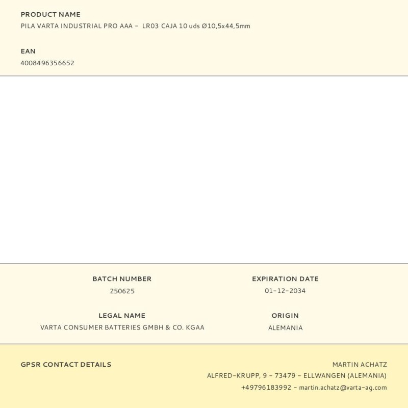 Pila varta industrial pro aaa - lr03 caja 10 uds ø10,5x44,5mm
