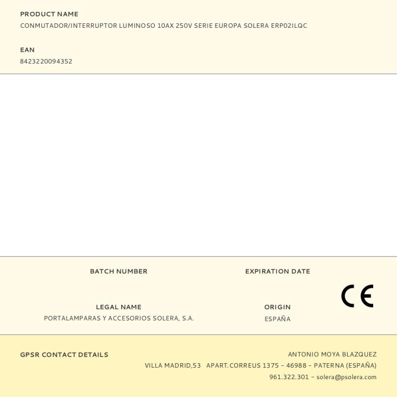 Conmutador/interruptor luminoso 10ax 250v serie europa solera erp02ilqc
