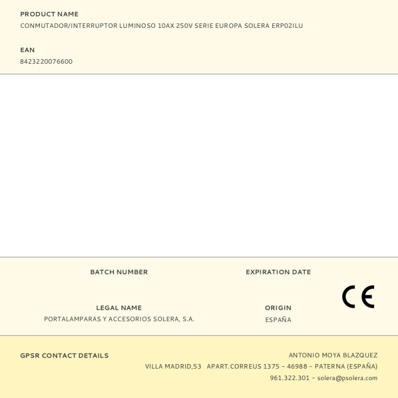 Conmutador/interruptor luminoso 10ax 250v serie europa solera erp02ilu
