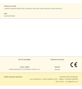 Conmutador/interruptor luminoso 10ax 250v serie europa solera erp02ilu
