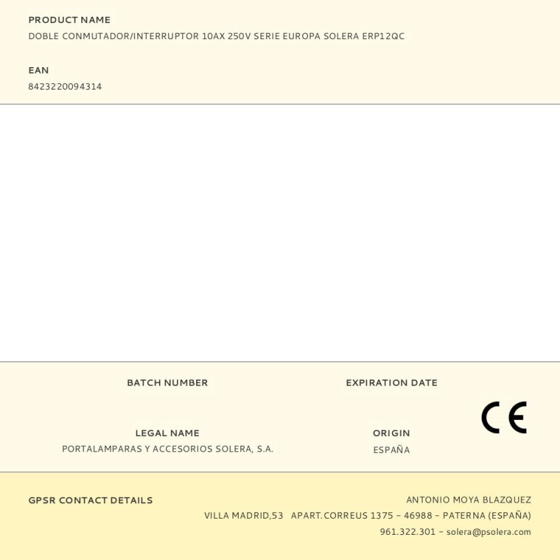 Doble conmutador/interruptor 10ax 250v serie europa solera erp12qc
