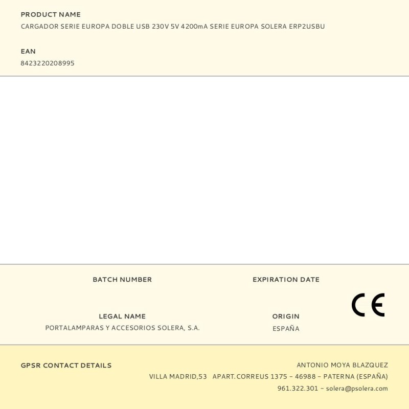Cargador serie europa doble usb 230v 5v 4200ma serie europa solera erp2usbu