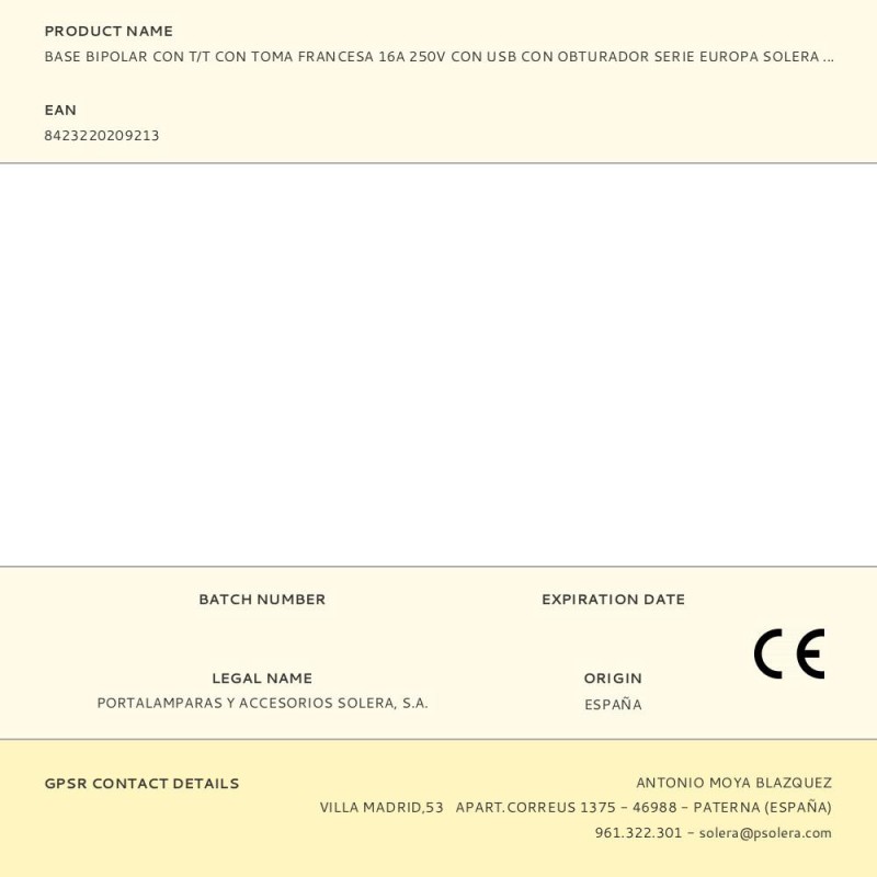 Base bipolar con t/t con toma francesa 16a 250v con usb con obturador serie europa solera erp60fusb