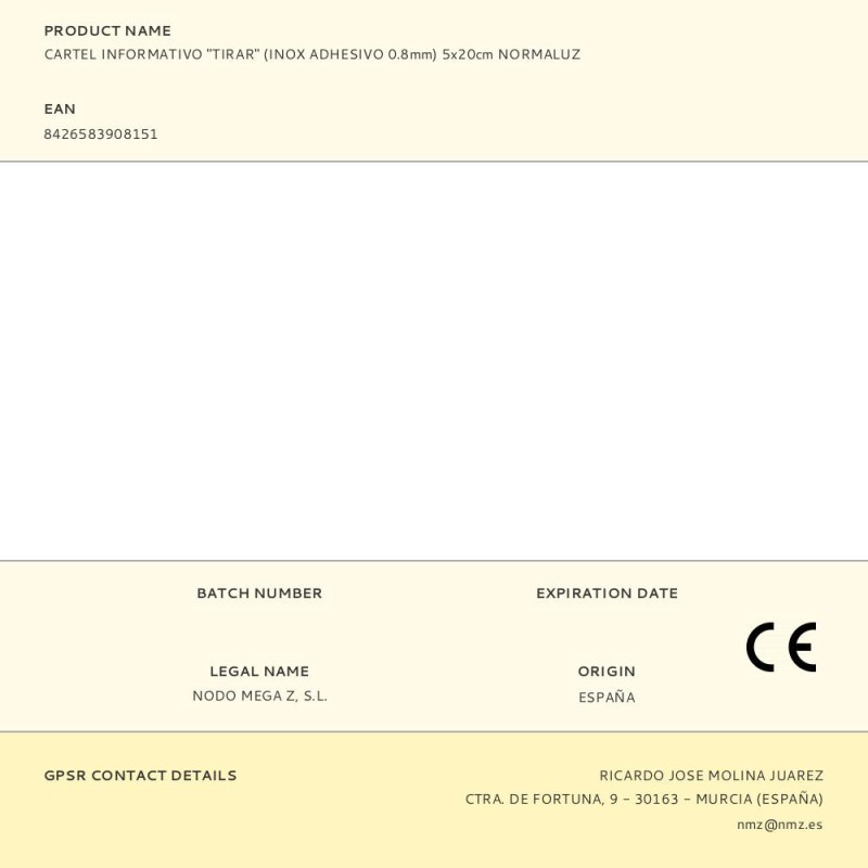 Cartel informativo "tirar" (inox adhesivo 0.8mm) 5x20cm normaluz