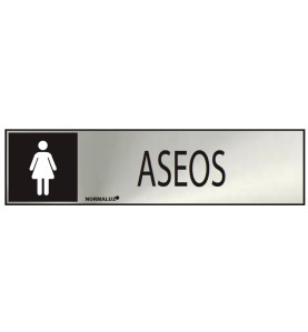Cartel informativo "aseos" mujer (inox adhesivo 0.8mm) 5x20cm normaluz