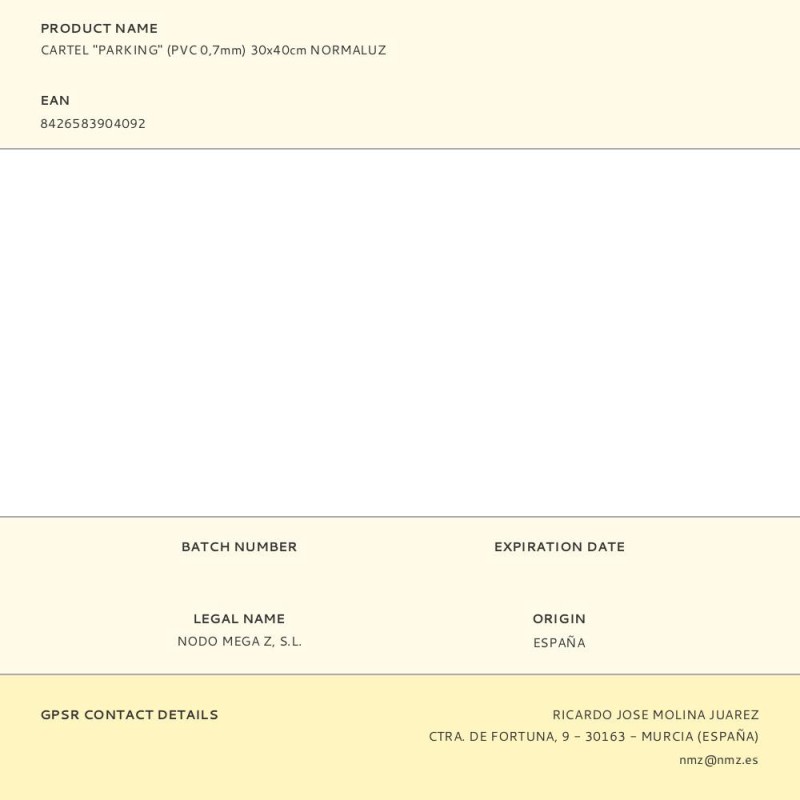 Cartel "parking" (pvc 0,7mm) 30x40cm normaluz
