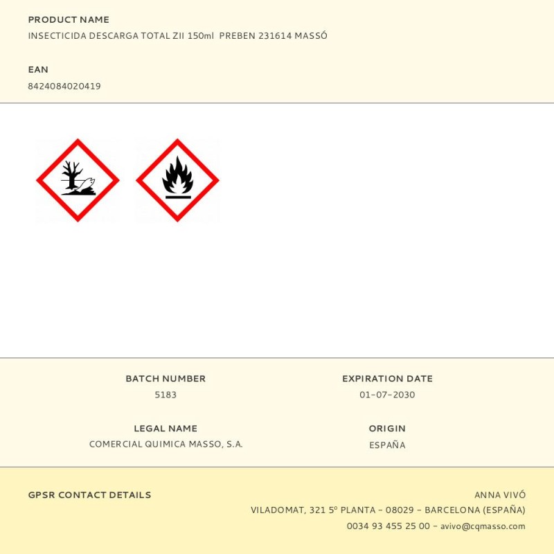 Insecticida descarga total zii 150ml preben 231614 massó