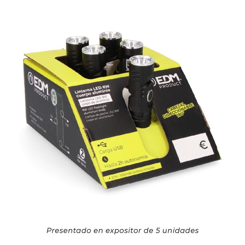 Linterna mini led 8w 450 lm. cuerpo aluminio, cabezal direccionable. recargable