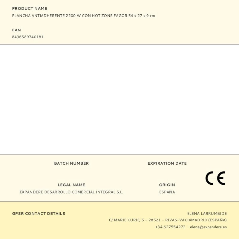 Plancha antiadherente 2200 w con hot zone fagor 54 x 27 x 9 cm