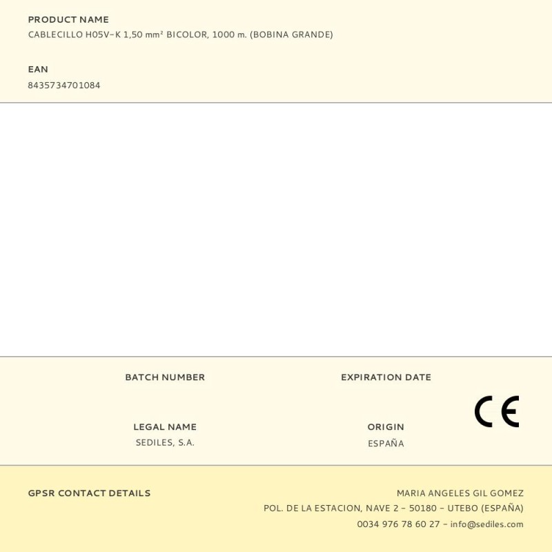 Cablecillo h05v-k 1,50 mm² bicolor, 1000 m. (bobina grande)
