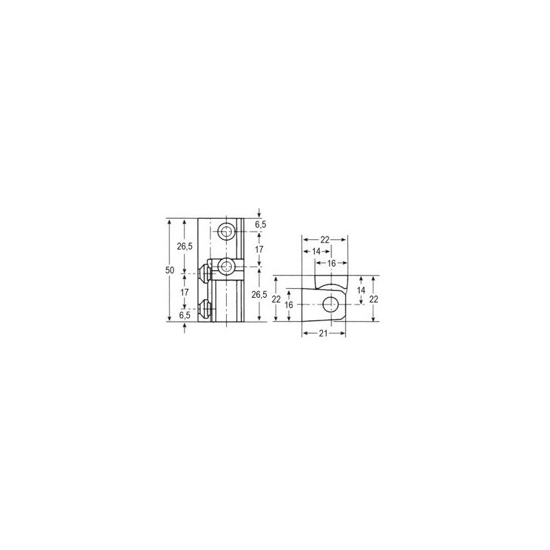 Bisagra rectangular L 50mm An 22mm distancia de sujeción 17mm tope izquierdo/derecho