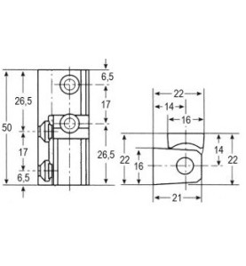 Bisagra rectangular L 50mm An 22mm distancia de sujeción 17mm tope izquierdo/derecho