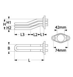 resistencia 2177W 240V espirales 3 montaje ø 42mm dist. del agujero 74mm L 180mm An 35mm H 54mm