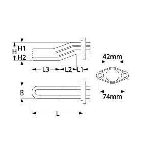 resistencia 2177W 240V espirales 3 montaje ø 42mm dist. del agujero 74mm L 180mm An 35mm H 54mm