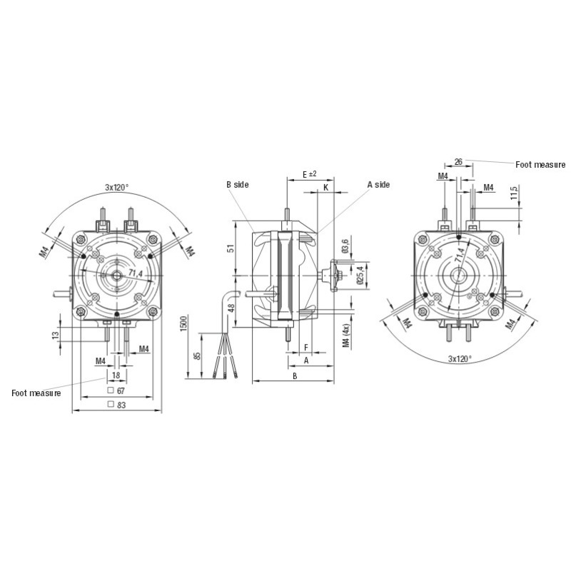 Motor de ventilador 25W 230V 50/60Hz B 103mm K 15,5mm E 44mm dimensiones exteriores 83x83mm EBM Motor de ventilador 25W 230V 50/60Hz B 103mm K 15,5mm E 44mm dimensiones exteriores 83x83mm EBM