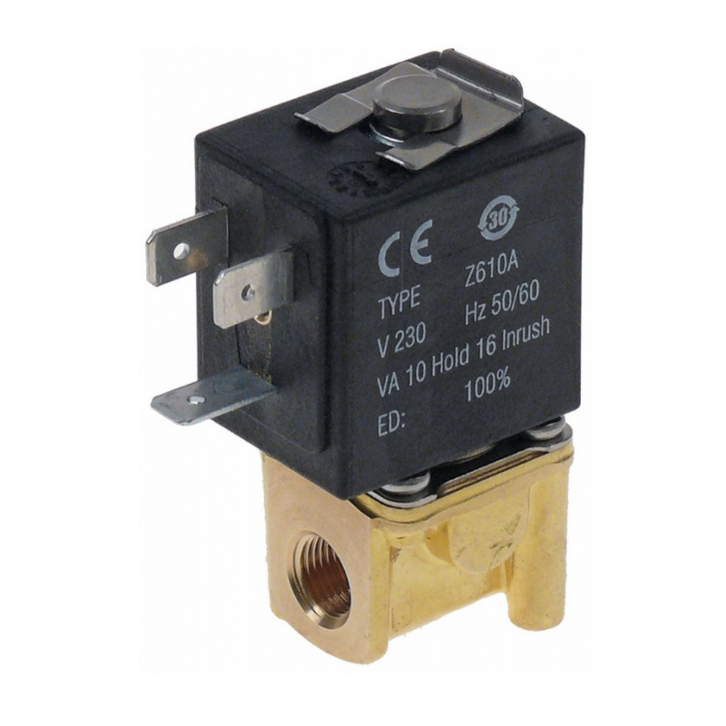 Válvula magnética 2vías 230VAC empalme 1/8" L 26,5mm DN 2,3mm conector hembra DIN -10 a +90°C SIRAI