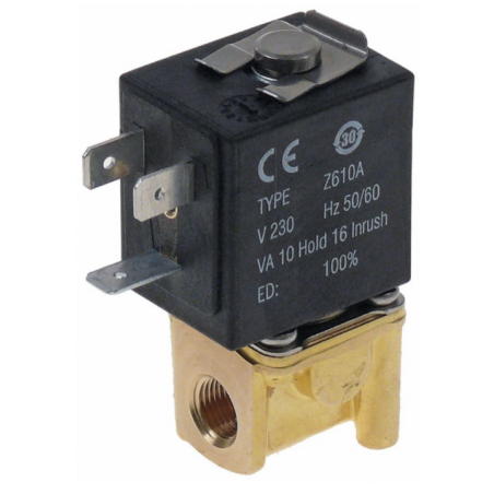Válvula magnética 2vías 230VAC empalme 1/8" L 26,5mm DN 2,3mm conector hembra DIN -10 a +90°C SIRAI