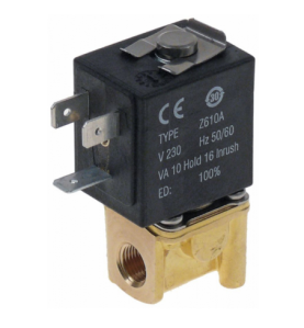 Válvula magnética 2vías 230VAC empalme 1/8" L 26,5mm DN 2,3mm conector hembra DIN -10 a +90°C SIRAI