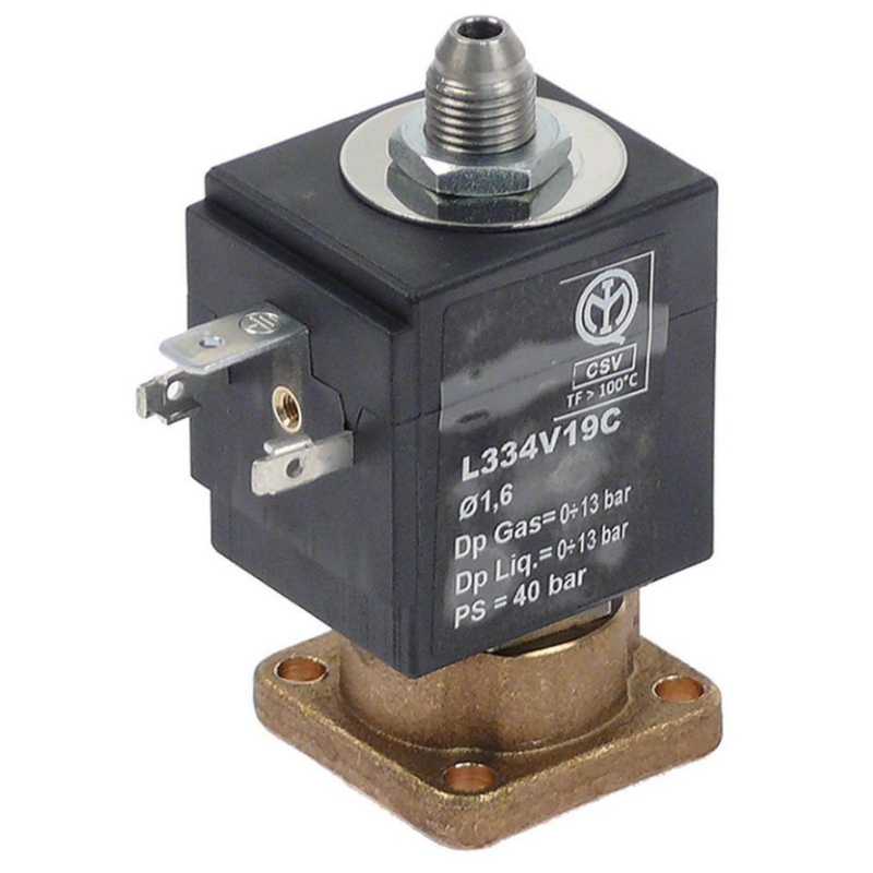 Válvula magnética 3vías 230VAC DN 1,6x2,3mm conector hembra DIN 0 a +130°C SIRAI serie L334-V